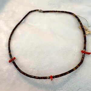 Vintage 15" Chocker Tiny Wood Beads Coral Accents Gorgous